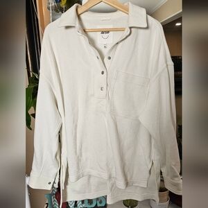 Arie Cream Snap-Front Ribbed Collar Pullover